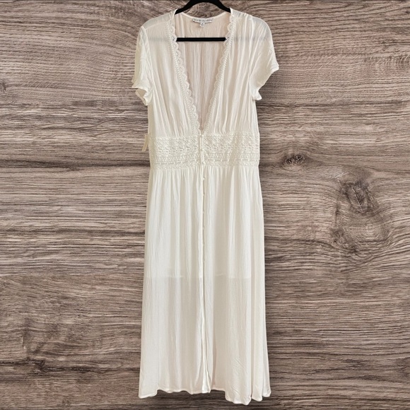 Women's Cream Button Lace Sheer Embroidered Boho Peasant Lined Maxi Dress XL - Picture 4 of 12